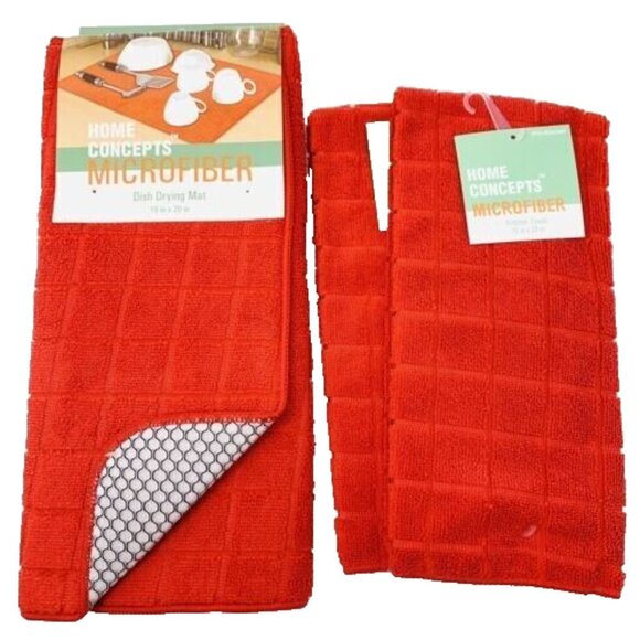 Dish Drying Mat and Kitchen Towels Set Red Microfiber Window Pane Check - Picture 1 of 4